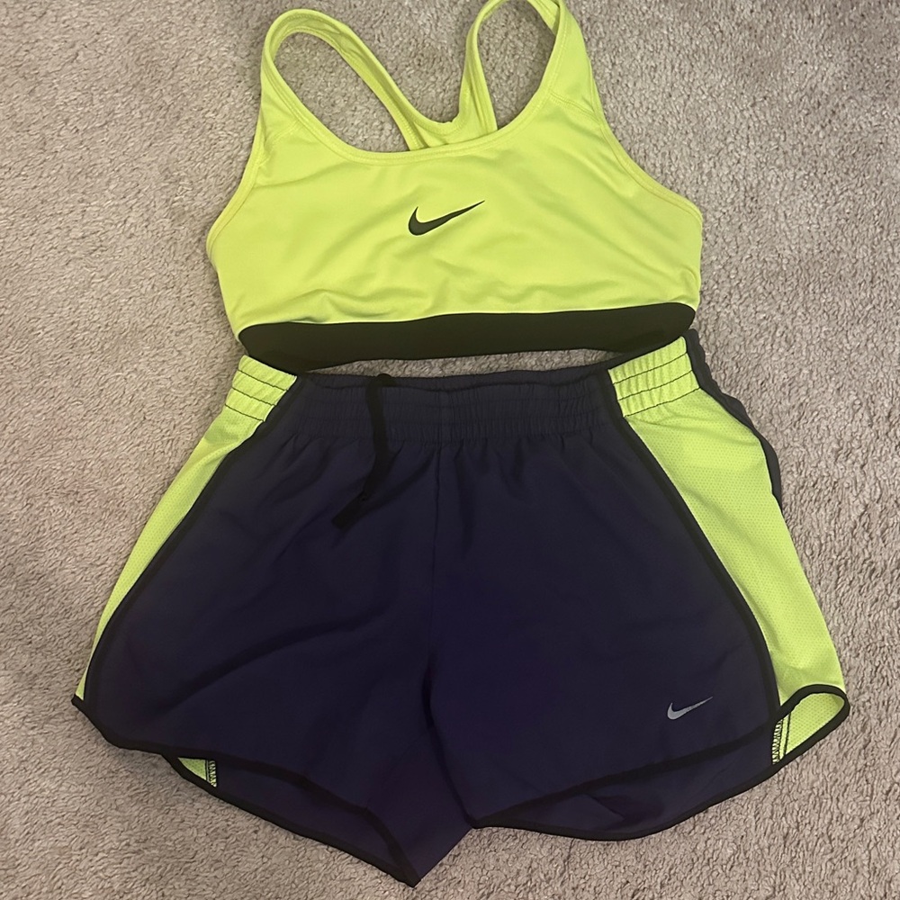 Nike Women's Neon Yellow and Navy Athletic Shorts